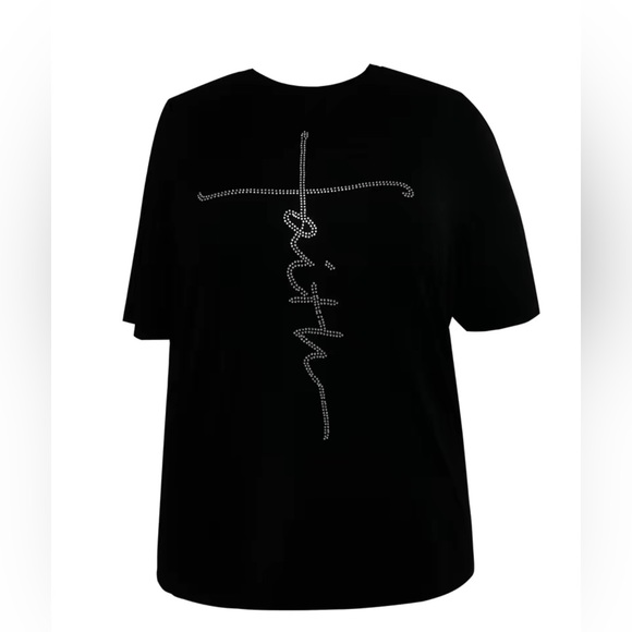 Last One! Faith Rhinestone Plus Size Casual Letter Print T-shirt | Black | Size - Picture 3 of 8